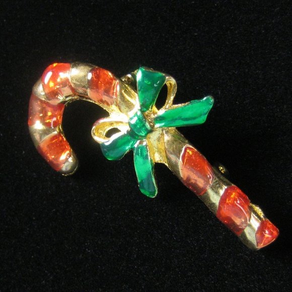 Candy Cane Pin Brooch 2 In Jewelry Christmas Xmas Holiday Bow Red Party Goldtone - Picture 2 of 4